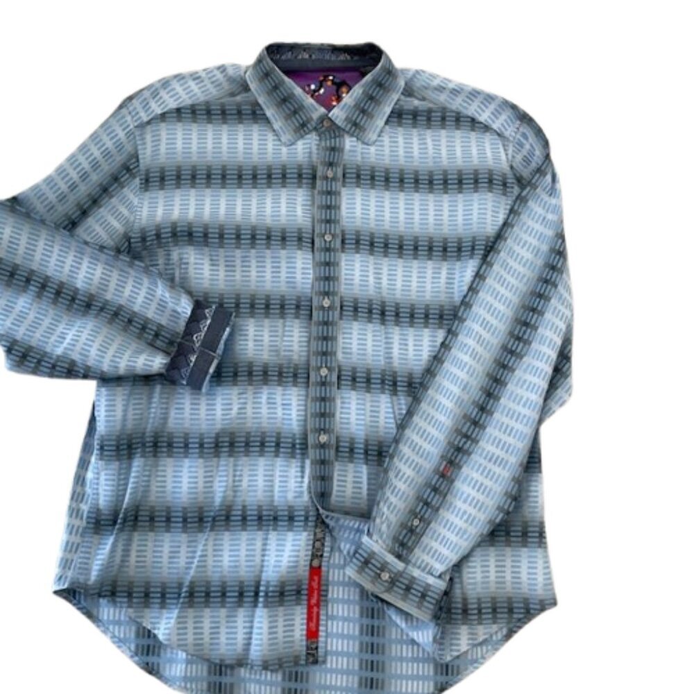 Robert Graham Flip Cuff Dress Shirt Blue & Gray Shadow Block Cotton & Silk 2XL